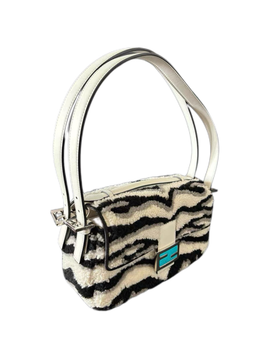 Fendi Zebra Print Shearling Baguette Bag Black White Fur Shoulder Bag Marble Blue FF Logo 2021 Limited Edition