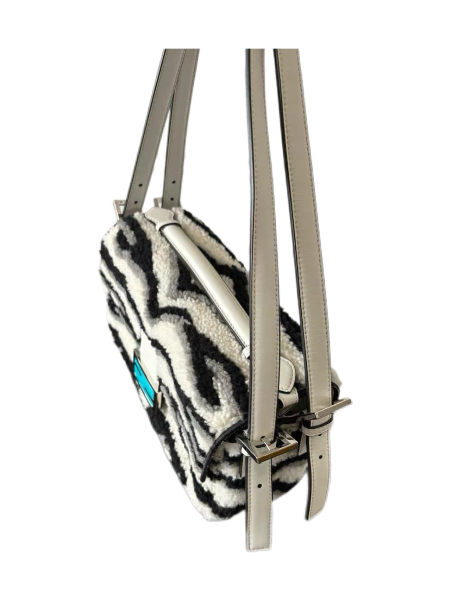 Fendi Zebra Print Shearling Baguette Bag Black White Fur Shoulder Bag Marble Blue FF Logo 2021 Limited Edition