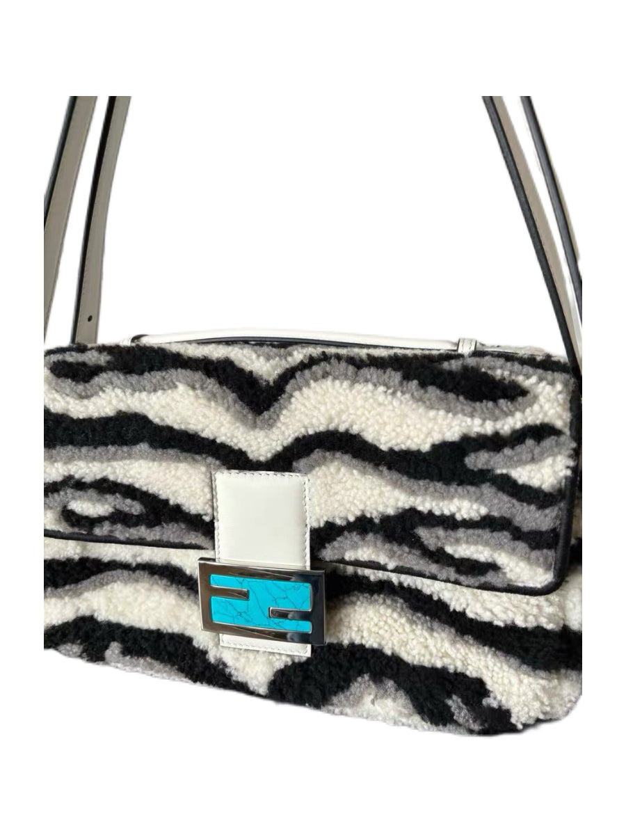 Fendi Zebra Print Shearling Baguette Bag Black White Fur Shoulder Bag Marble Blue FF Logo 2021 Limited Edition