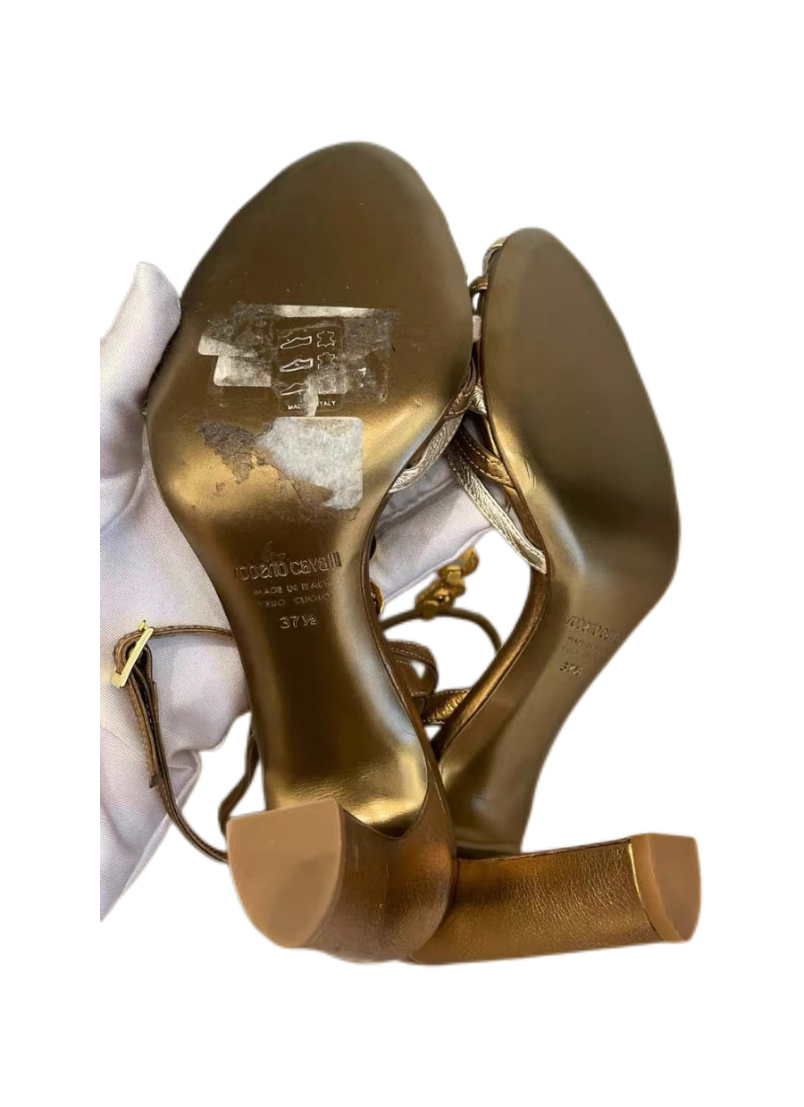 Roberto Cavalli Gold Jewel Embellished Strappy Heels Runway Vintage Rare Italian Leather Sandals