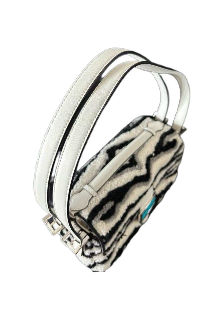 Fendi Zebra Print Shearling Baguette Bag Black White Fur Shoulder Bag Marble Blue FF Logo 2021 Limited Edition