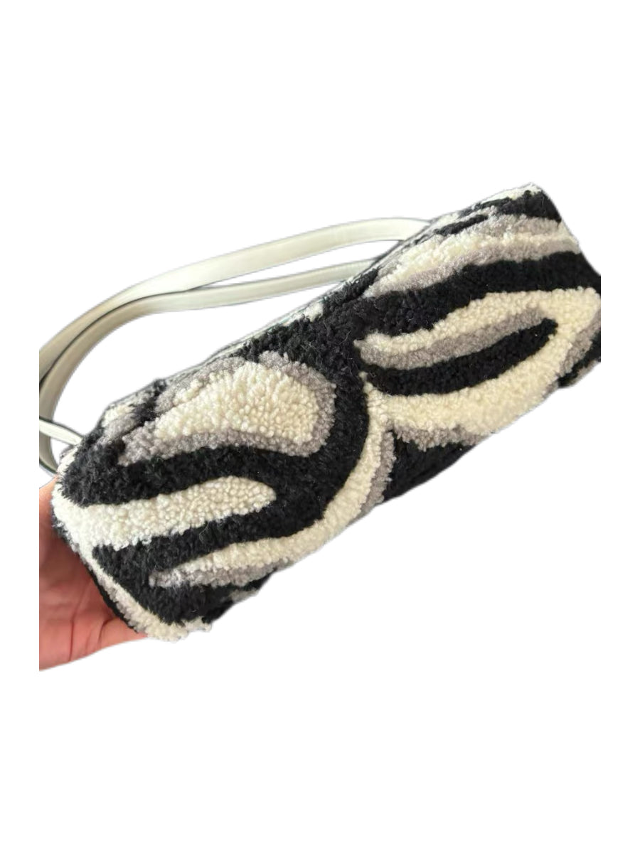 Fendi Zebra Print Shearling Baguette Bag Black White Fur Shoulder Bag Marble Blue FF Logo 2021 Limited Edition
