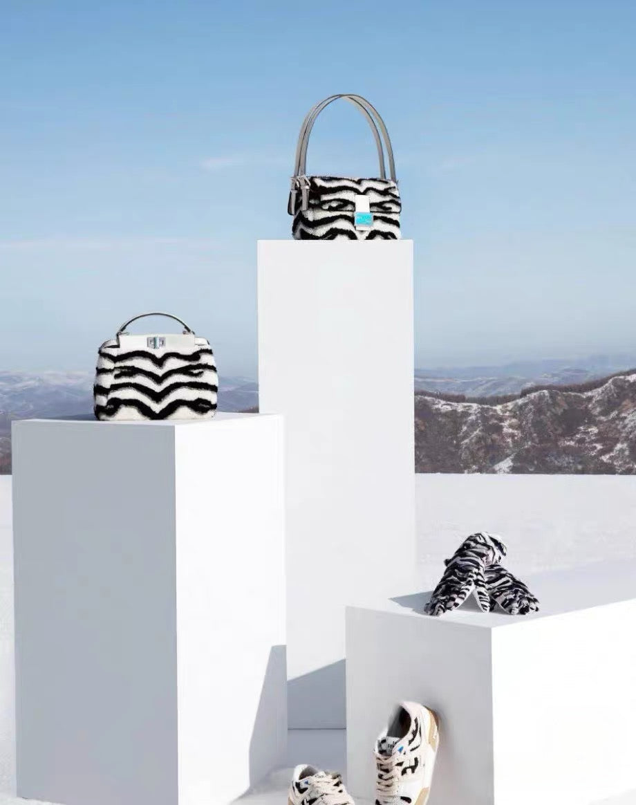 Fendi Zebra Print Shearling Baguette Bag Black White Fur Shoulder Bag Marble Blue FF Logo 2021 Limited Edition
