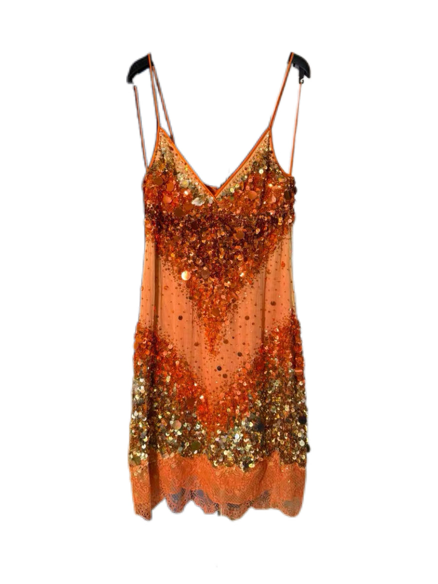 Dolce & Gabbana Vintage Silk Sequin Dress Orange Lace Slip Dress Handmade Couture Evening Dress