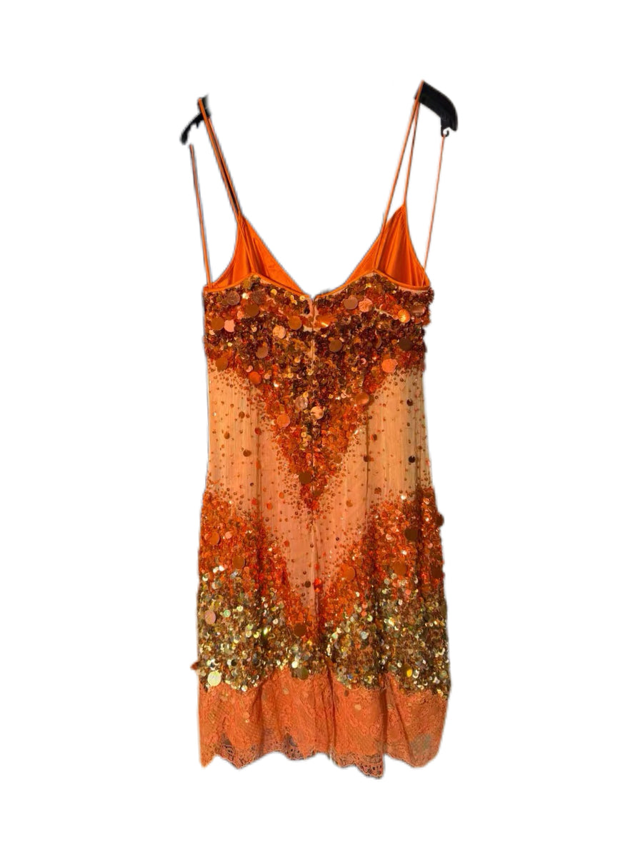 Dolce & Gabbana Vintage Silk Sequin Dress Orange Lace Slip Dress Handmade Couture Evening Dress