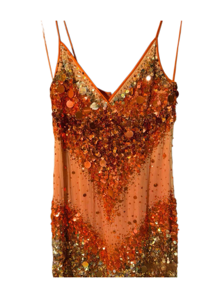 Dolce & Gabbana Vintage Silk Sequin Dress Orange Lace Slip Dress Handmade Couture Evening Dress
