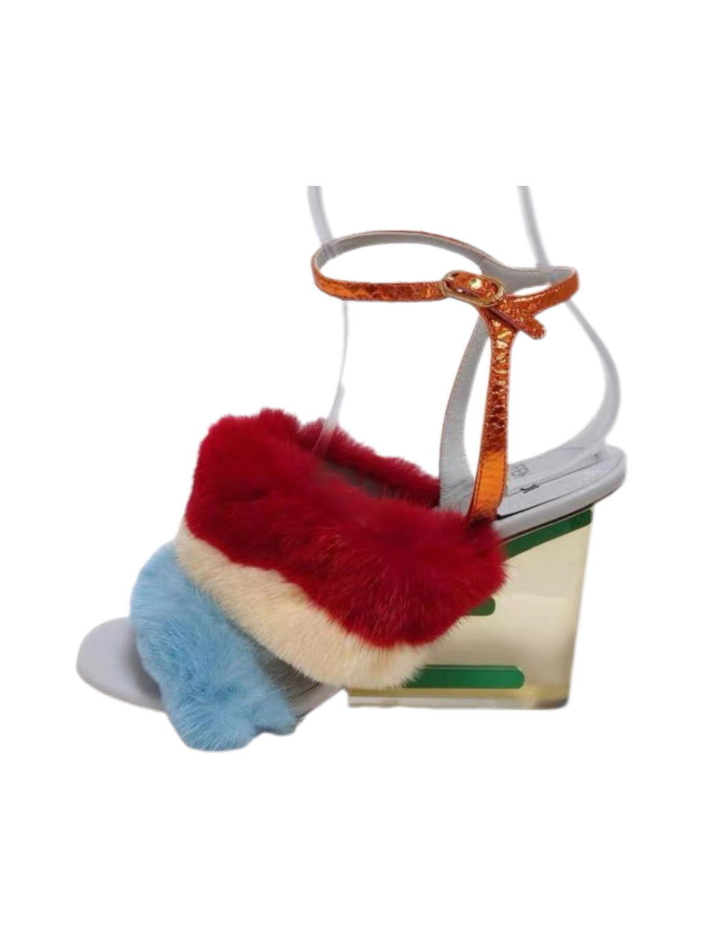 Fendi S/S 2022 Runway Fur Trim Sculptural Wedge Sandals Multicolor Mink Acrylic Heel Statement Heels