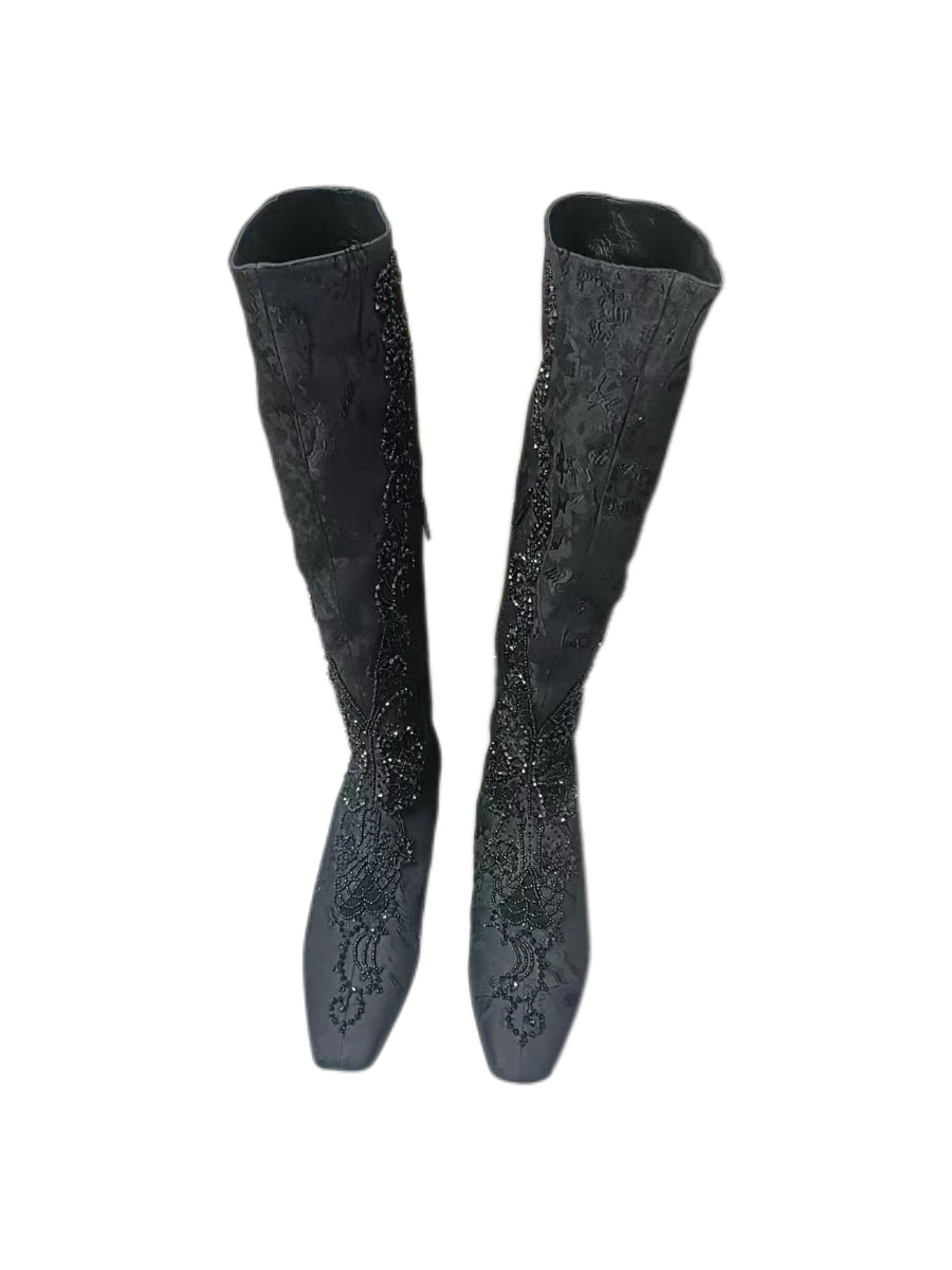Christian Lacroix Embroidered Black Knee-High Boots Beaded Baroque Couture Style Archive Heels