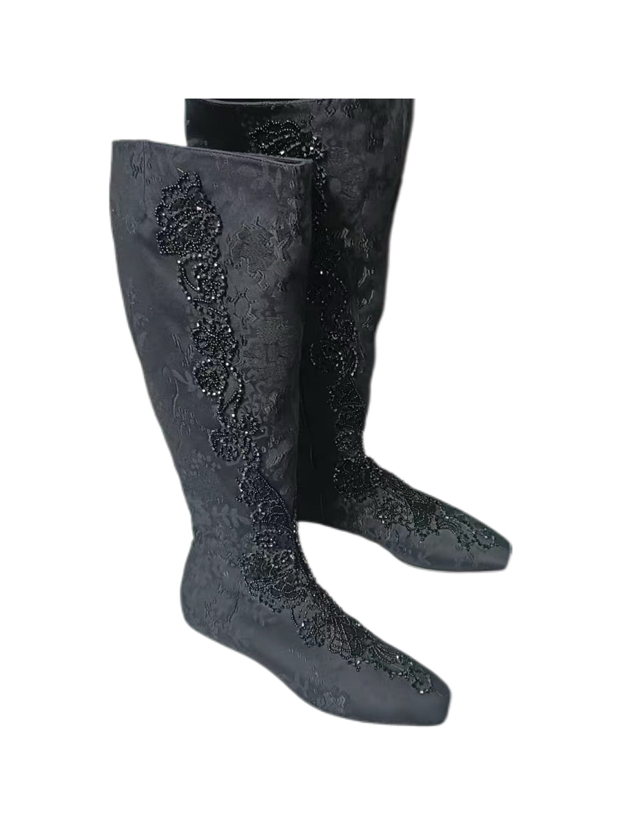 Christian Lacroix Embroidered Black Knee-High Boots Beaded Baroque Couture Style Archive Heels