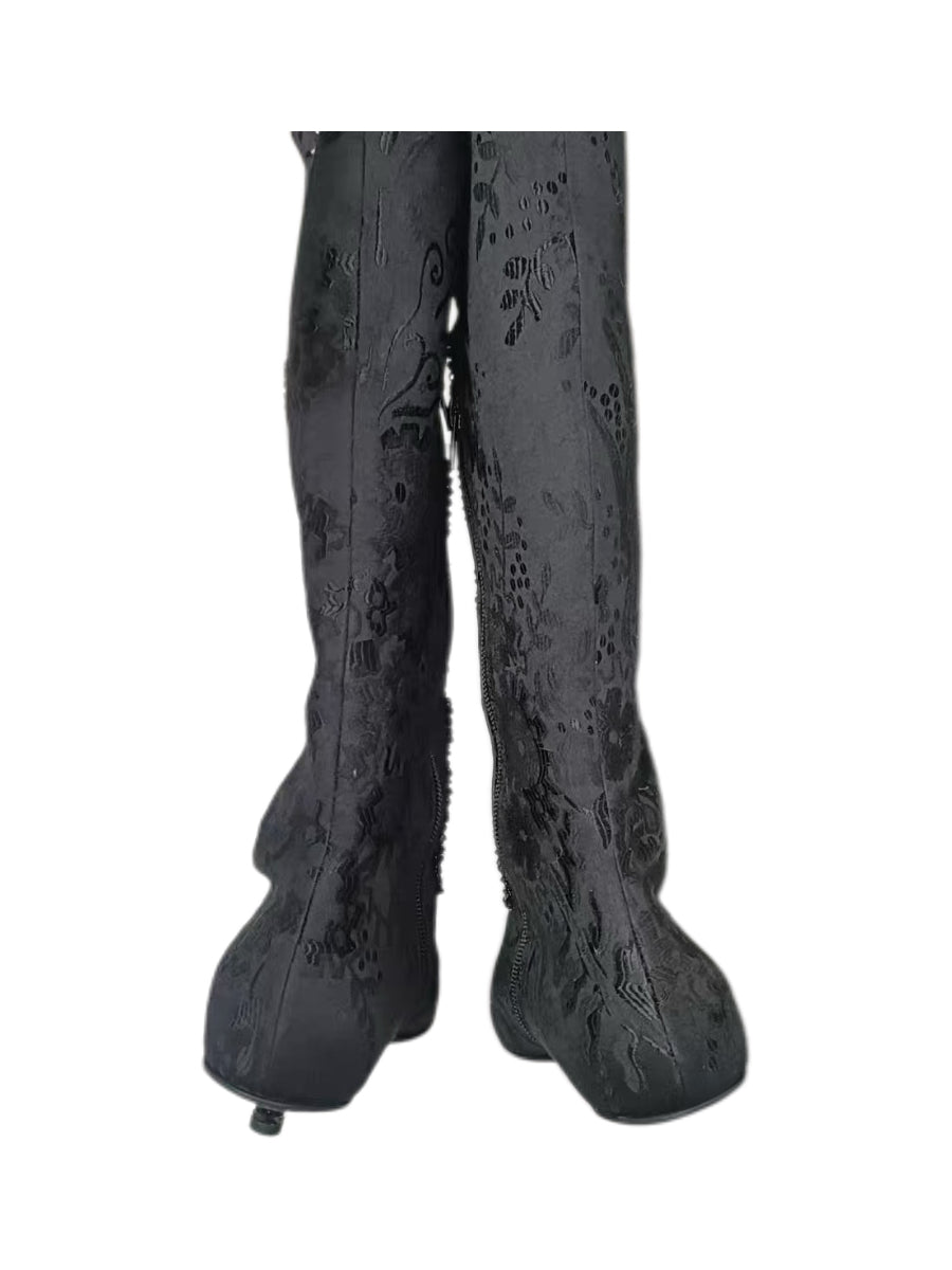 Christian Lacroix Embroidered Black Knee-High Boots Beaded Baroque Couture Style Archive Heels