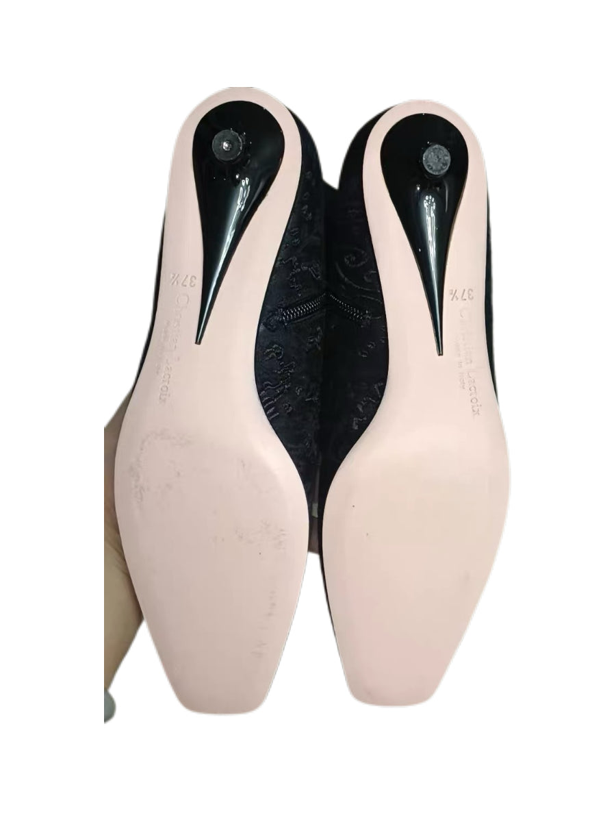 Christian Lacroix Embroidered Black Knee-High Boots Beaded Baroque Couture Style Archive Heels