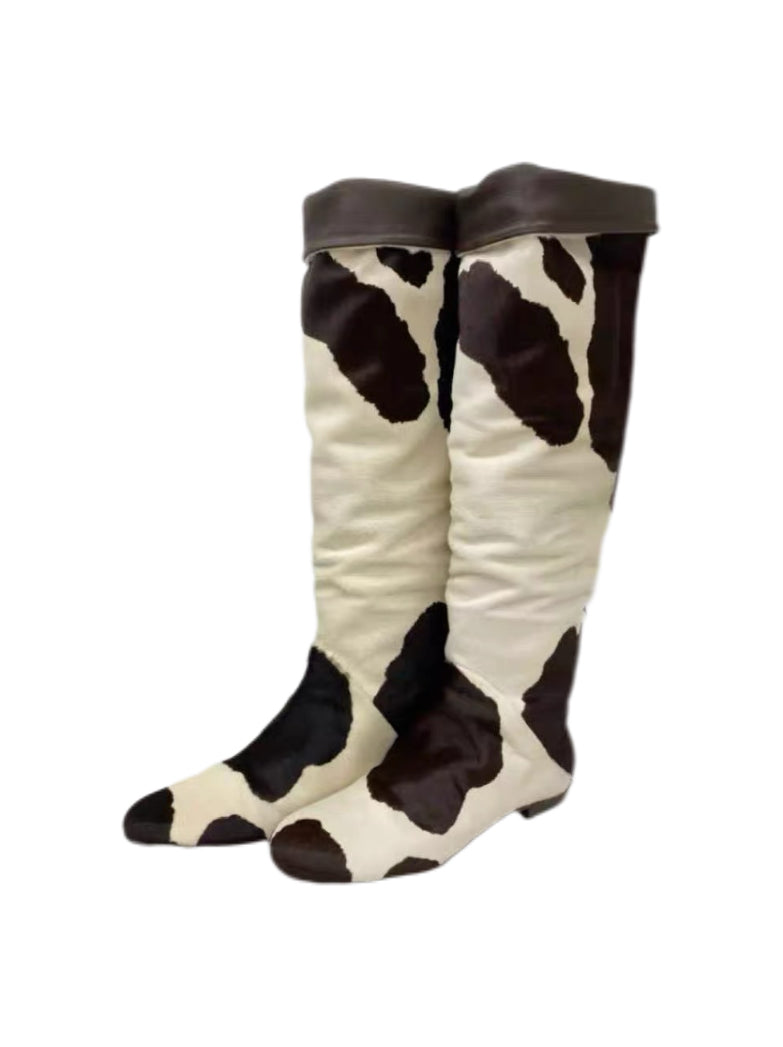 Giuseppe Zanotti Cow Print Pony Hair Knee-High Boots Cream Brown Leather Trim Archive Statement Boots