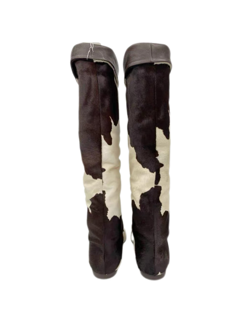 Giuseppe Zanotti Cow Print Pony Hair Knee-High Boots Cream Brown Leather Trim Archive Statement Boots