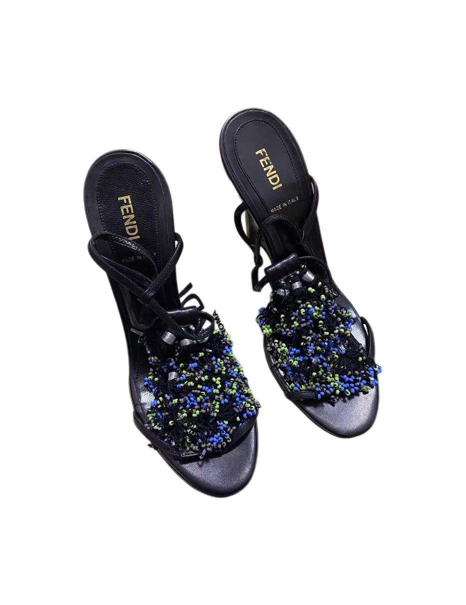 Fendi Vintage Hand-Beaded Wedge Sandals Rare Archive Sculptural Heel Black Leather Embellished Heels