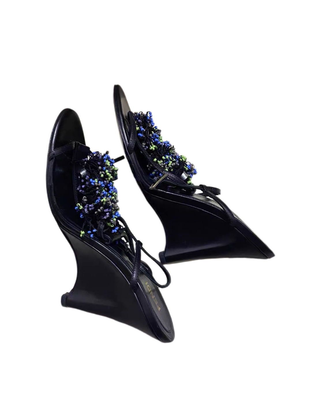 Fendi Vintage Hand-Beaded Wedge Sandals Rare Archive Sculptural Heel Black Leather Embellished Heels