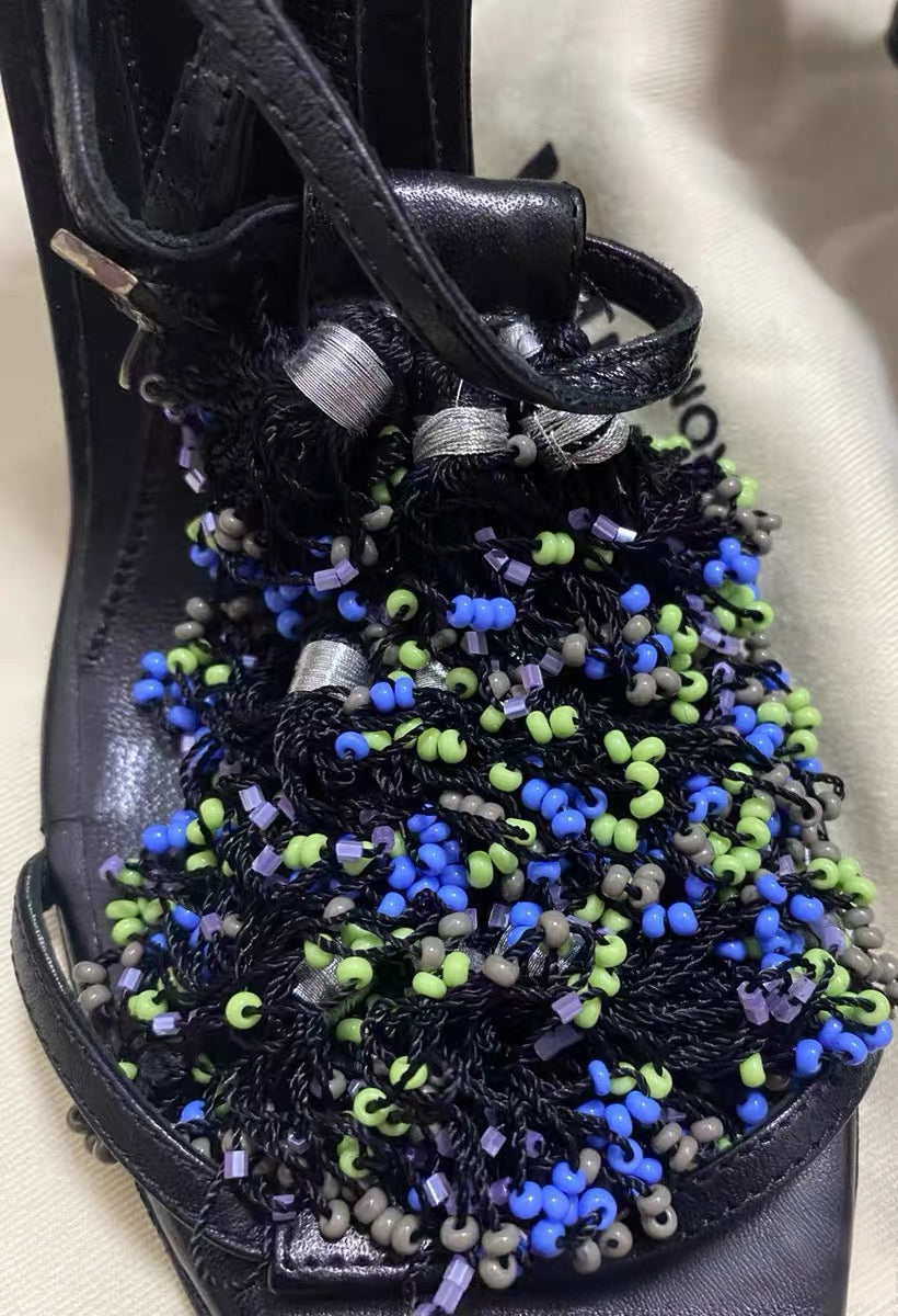 Fendi Vintage Hand-Beaded Wedge Sandals Rare Archive Sculptural Heel Black Leather Embellished Heels