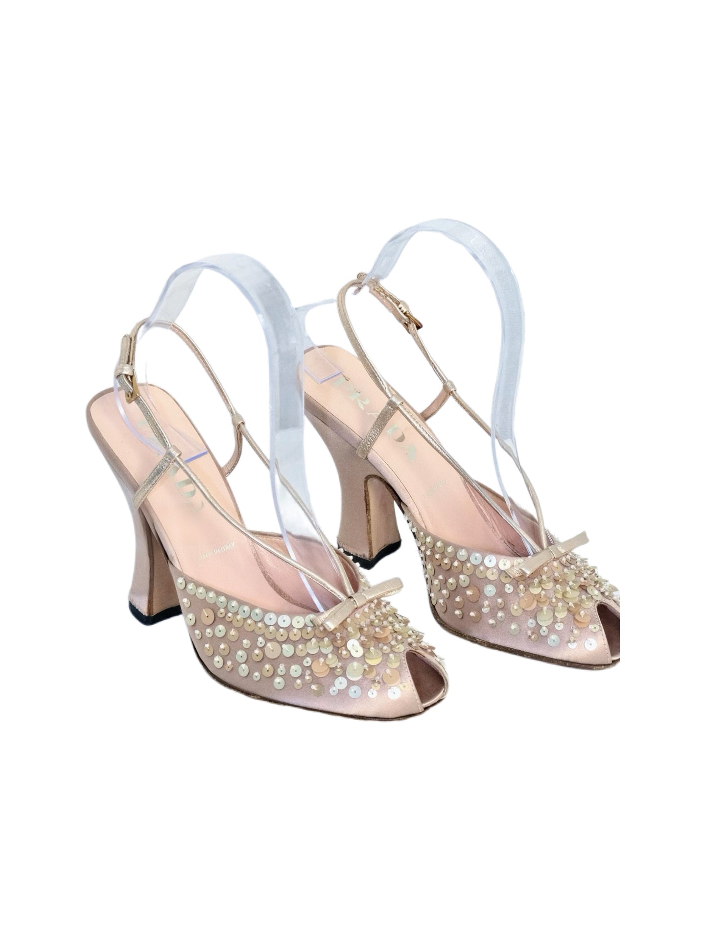 Prada Silk Sequin Beaded Bow Peep Toe Sandals Sculptural Heel Vintage Embellished Evening Heels