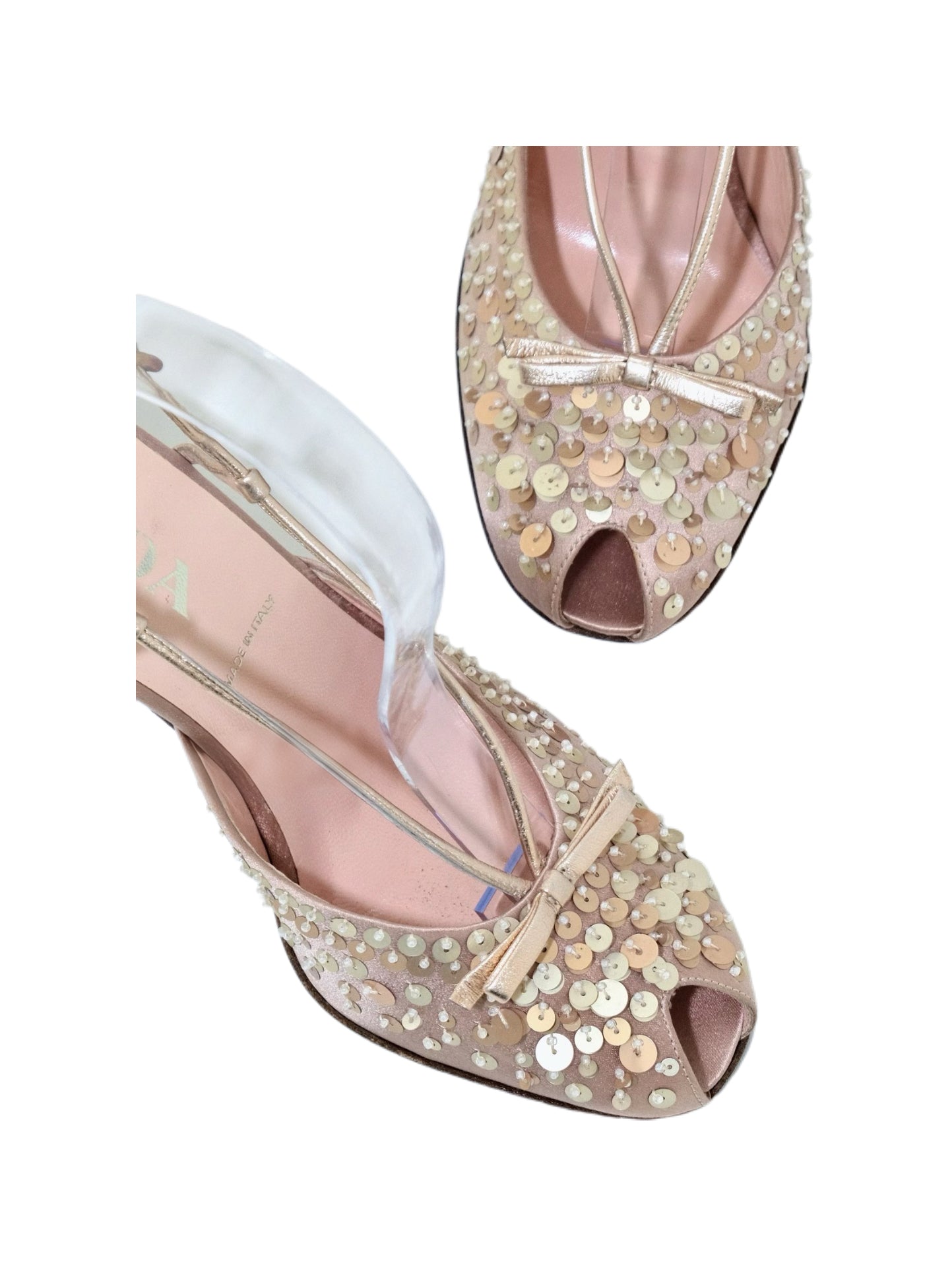 Prada Silk Sequin Beaded Bow Peep Toe Sandals Sculptural Heel Vintage Embellished Evening Heels