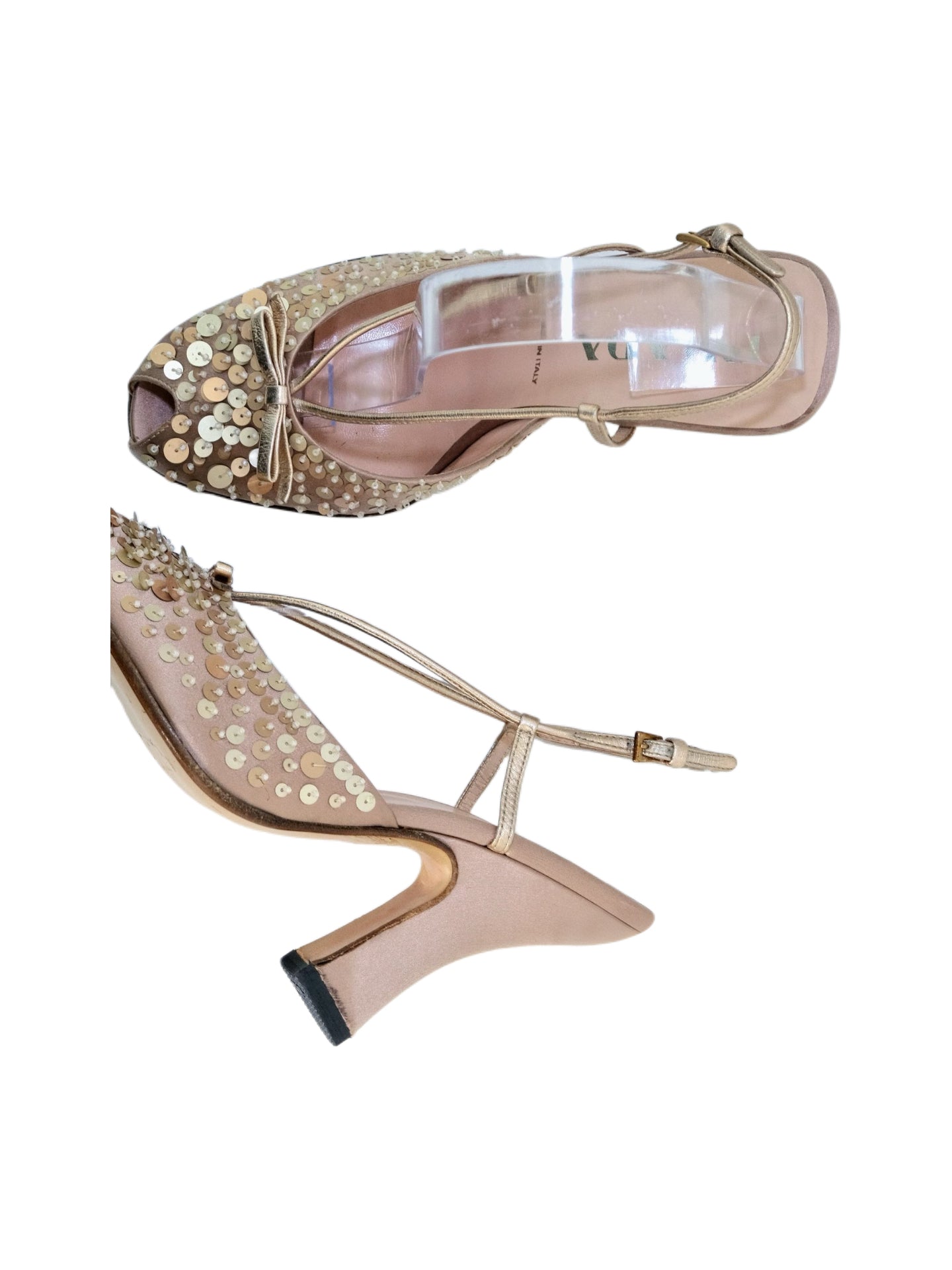 Prada Silk Sequin Beaded Bow Peep Toe Sandals Sculptural Heel Vintage Embellished Evening Heels