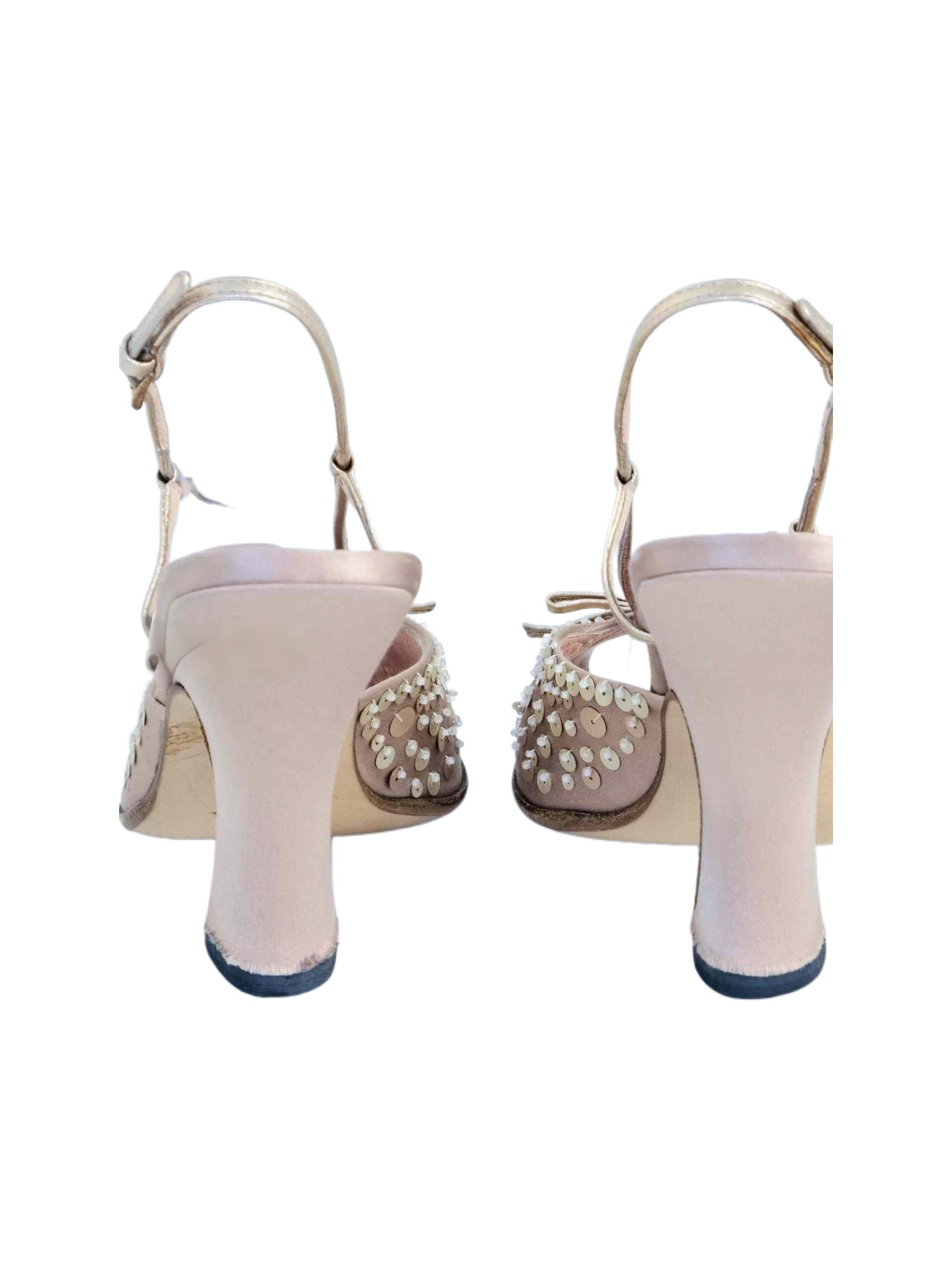 Prada Silk Sequin Beaded Bow Peep Toe Sandals Sculptural Heel Vintage Embellished Evening Heels
