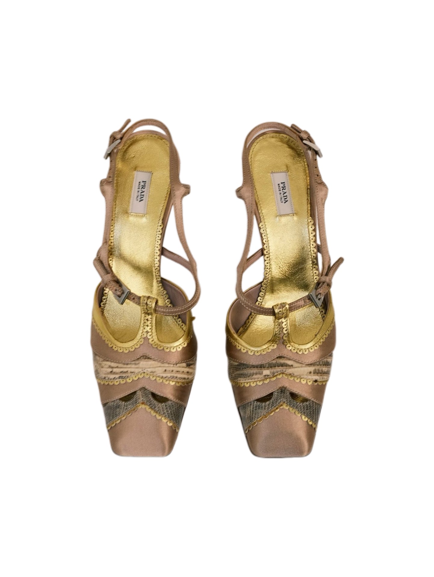 Prada Champagne Satin Leather Patchwork Square Toe Sandals Sculptural Heel Vintage Rare T-Bar Heels