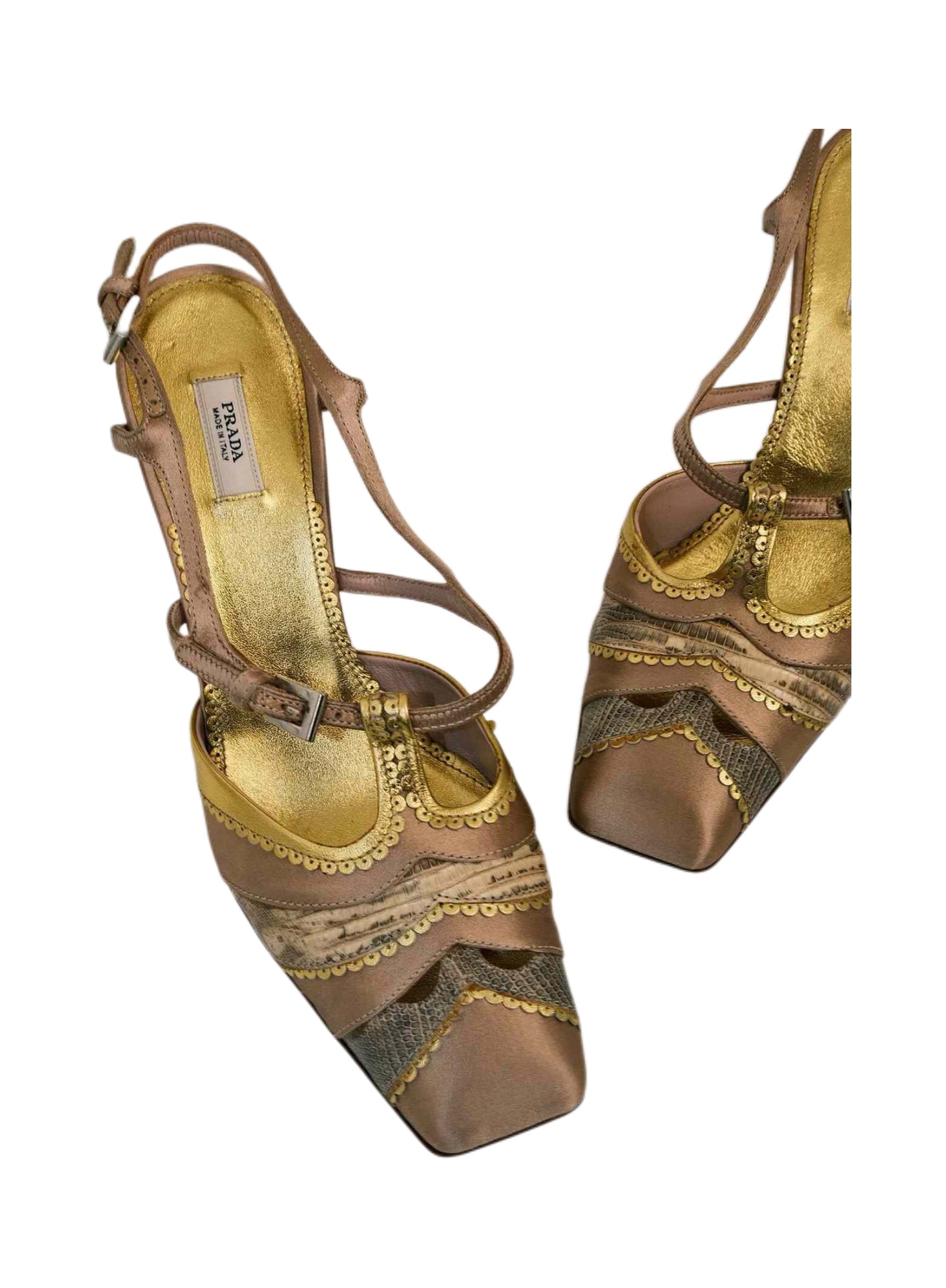 Prada Champagne Satin Leather Patchwork Square Toe Sandals Sculptural Heel Vintage Rare T-Bar Heels