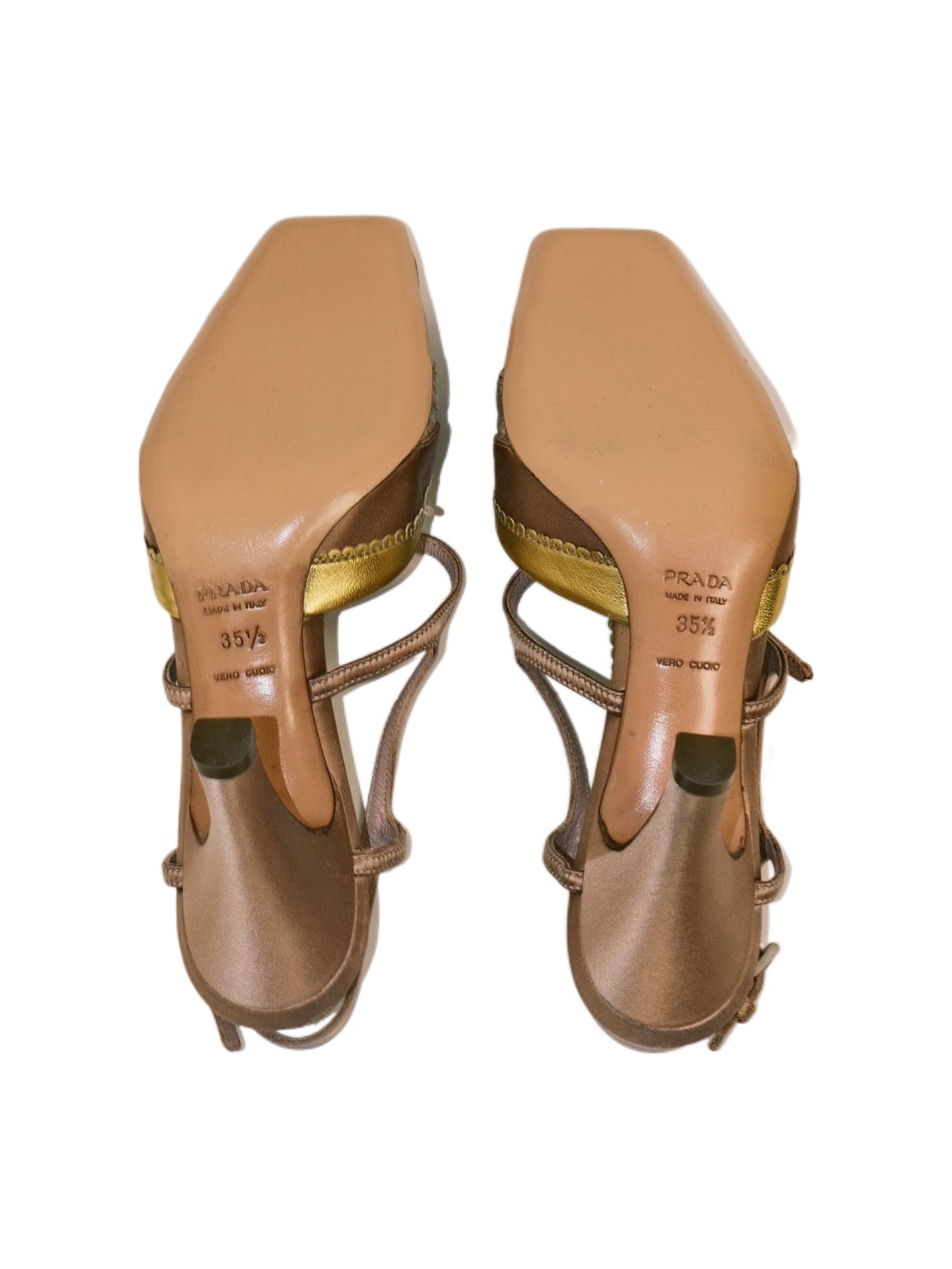 Prada Champagne Satin Leather Patchwork Square Toe Sandals Sculptural Heel Vintage Rare T-Bar Heels