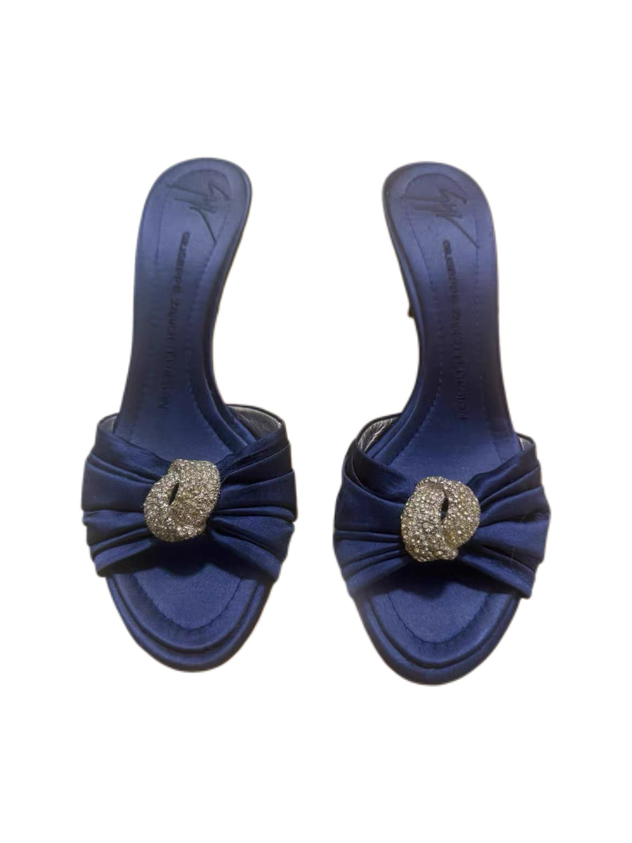 Giuseppe Zanotti Navy Satin Crystal Buckle Heeled Sandals Elegant Evening Mule Heels