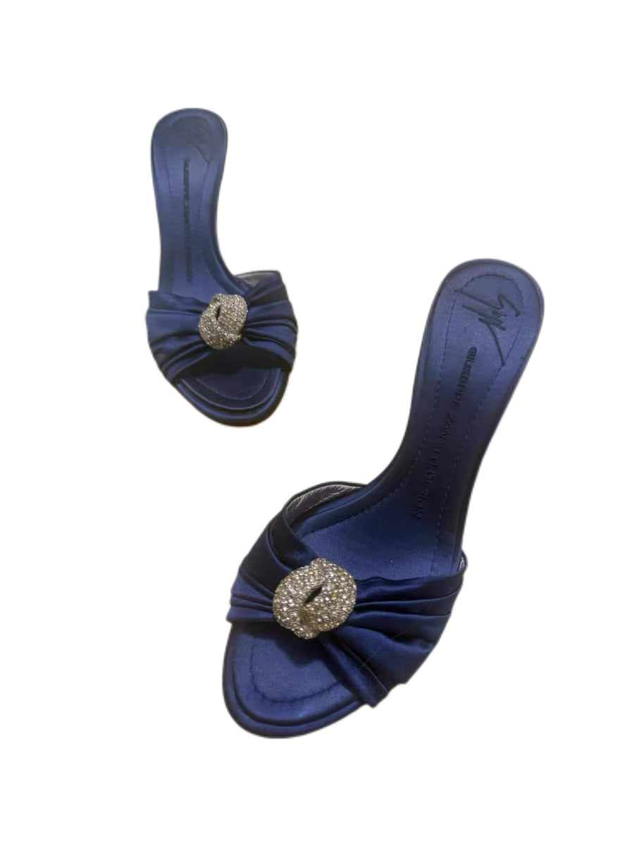 Giuseppe Zanotti Navy Satin Crystal Buckle Heeled Sandals Elegant Evening Mule Heels
