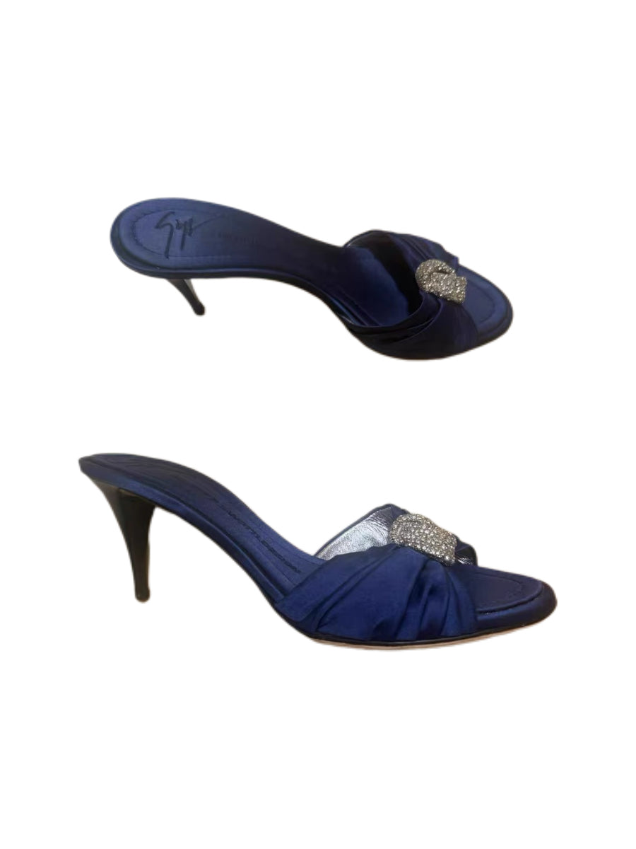 Giuseppe Zanotti Navy Satin Crystal Buckle Heeled Sandals Elegant Evening Mule Heels
