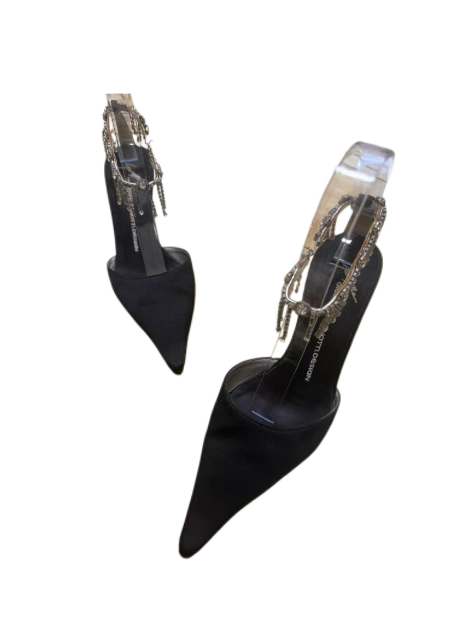 Giuseppe Zanotti Black Satin Crystal Fringe Chain Pointed Heels Statement Evening Pumps