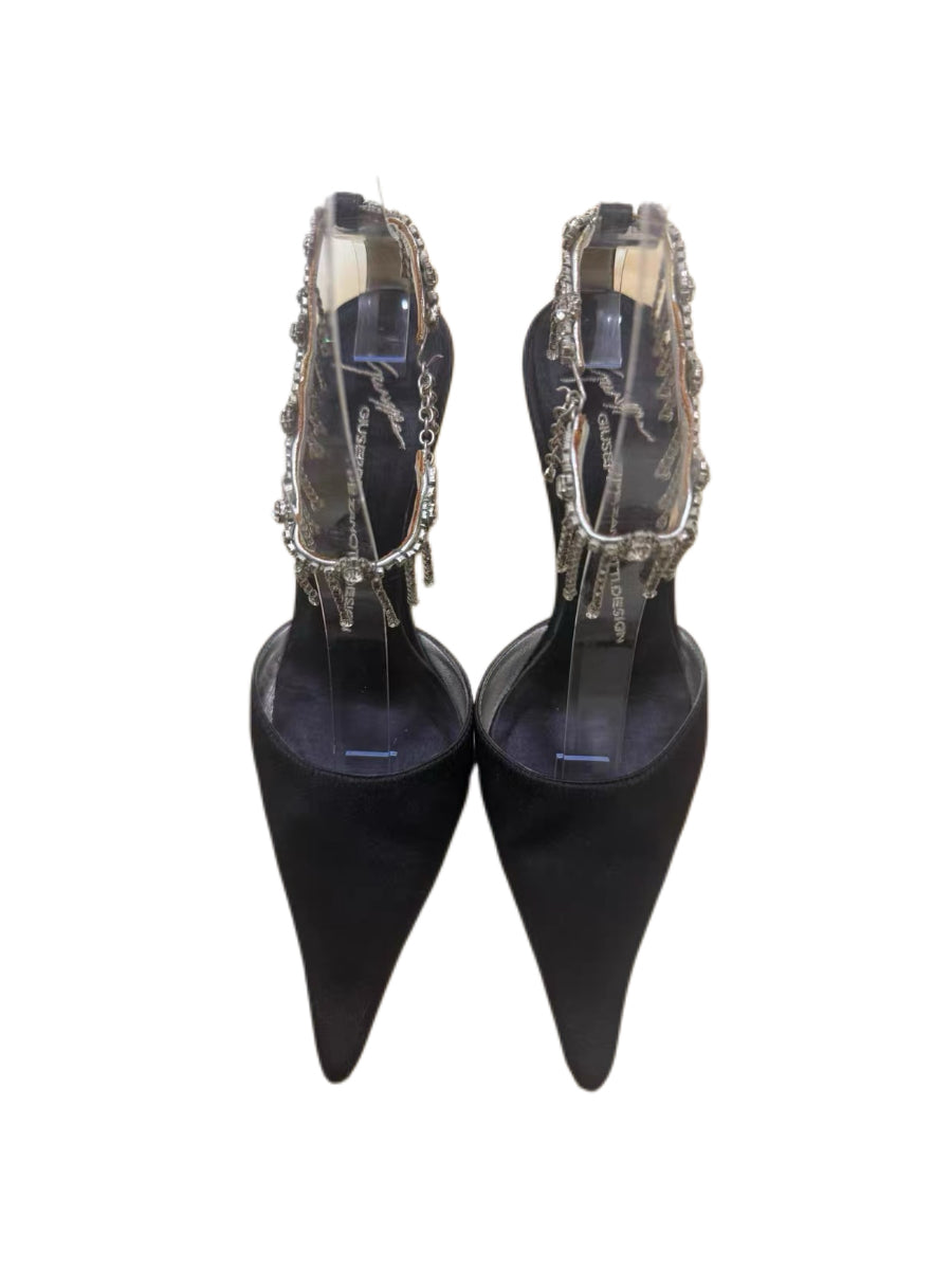 Giuseppe Zanotti Black Satin Crystal Fringe Chain Pointed Heels Statement Evening Pumps