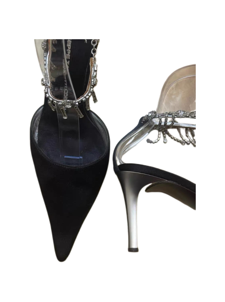 Giuseppe Zanotti Black Satin Crystal Fringe Chain Pointed Heels Statement Evening Pumps
