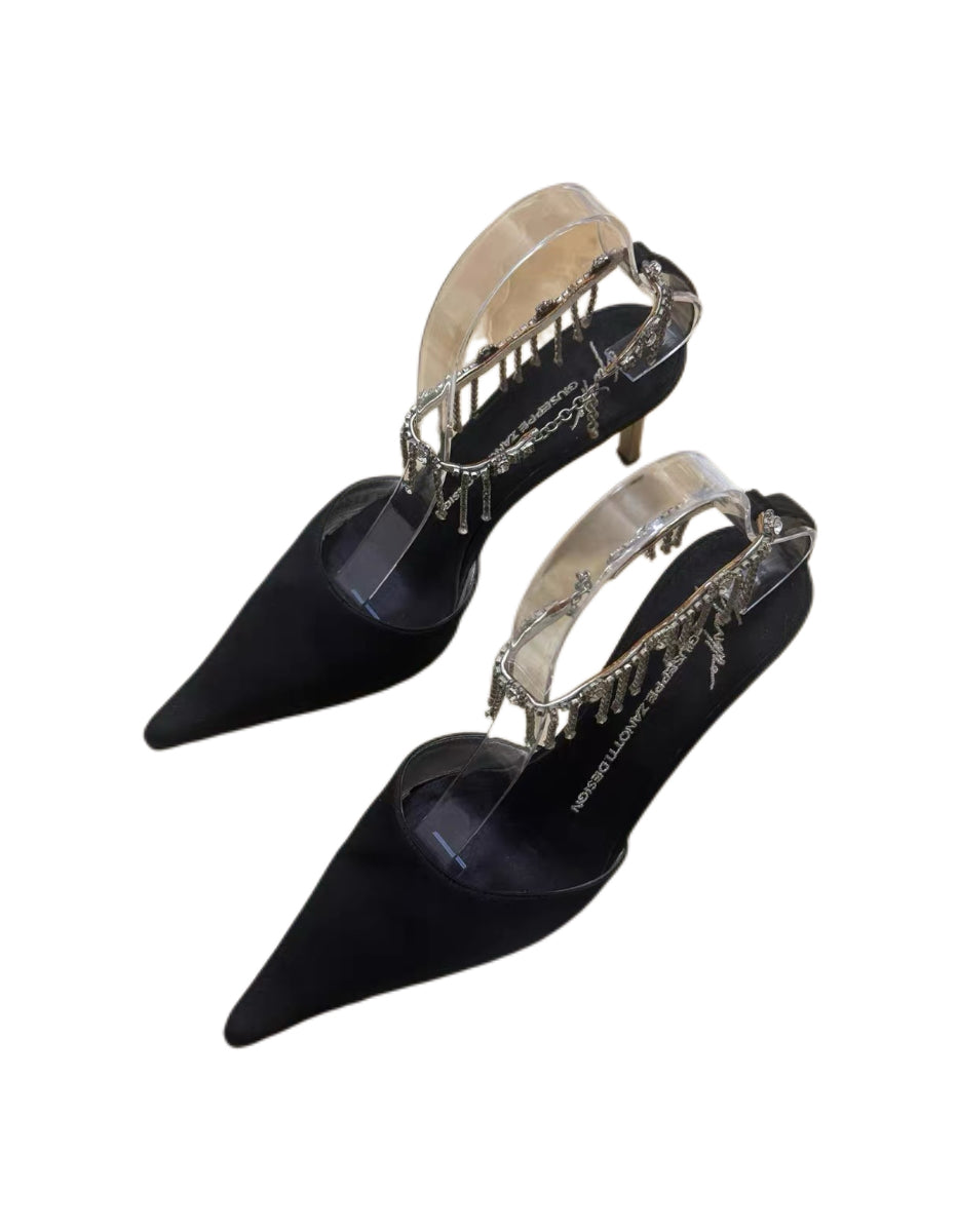 Giuseppe Zanotti Black Satin Crystal Fringe Chain Pointed Heels Statement Evening Pumps