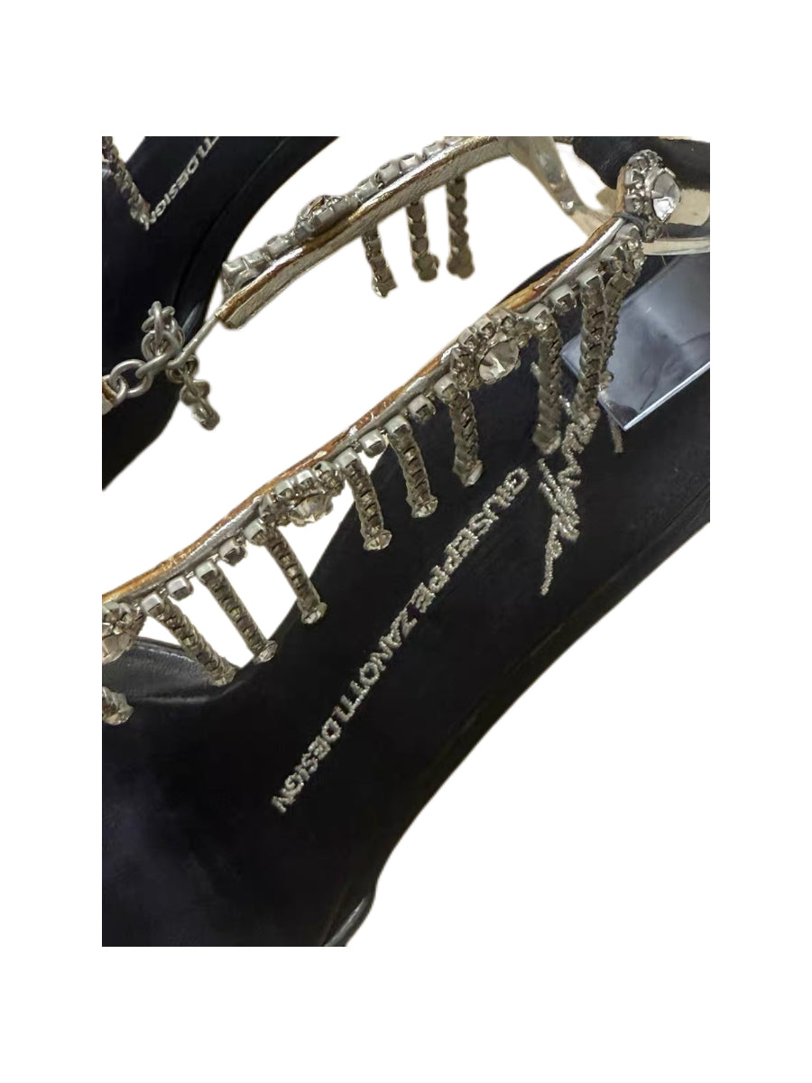 Giuseppe Zanotti Black Satin Crystal Fringe Chain Pointed Heels Statement Evening Pumps