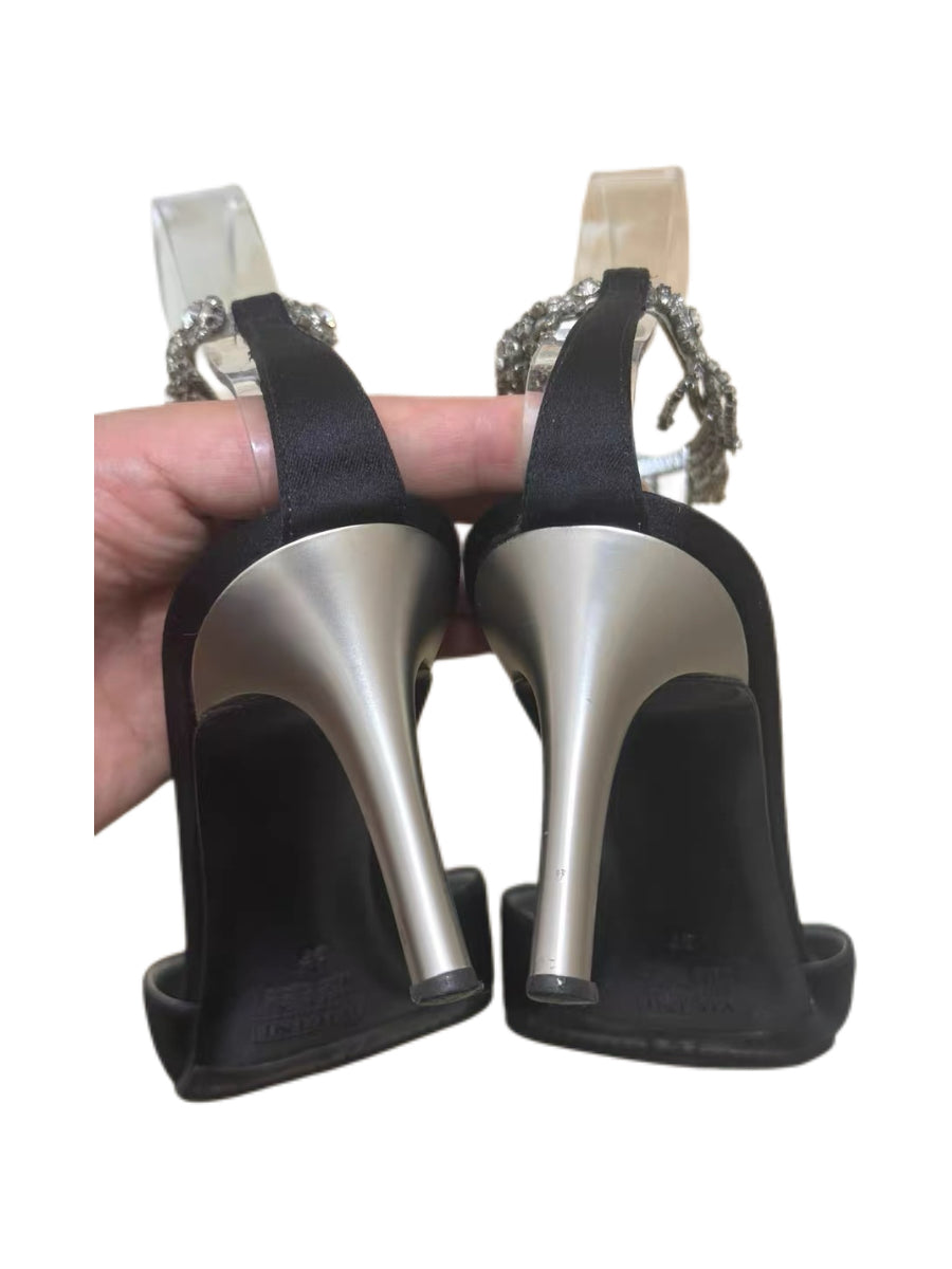 Giuseppe Zanotti Black Satin Crystal Fringe Chain Pointed Heels Statement Evening Pumps