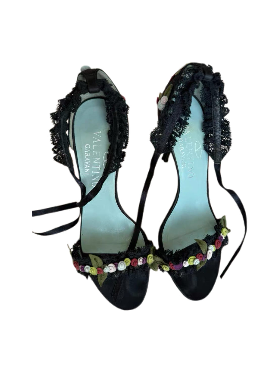 Valentino Garavani Black Silk Satin Lace Rose Embellished Tie-Up Heels Vintage Couture Sandals
