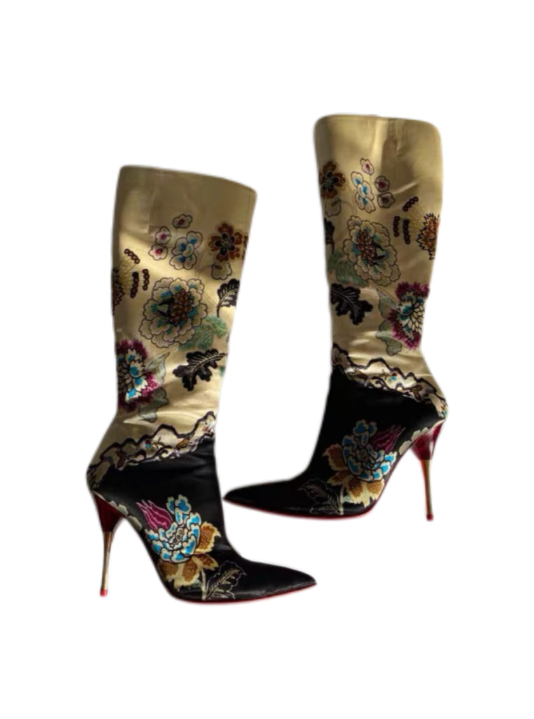 Roberto Cavalli SS2003 Silk Printed Knee-High Boots Oriental Floral Gold Satin Stiletto Heels Archive Museum Piece