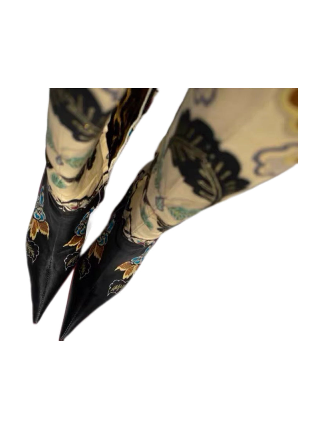 Roberto Cavalli SS2003 Silk Printed Knee-High Boots Oriental Floral Gold Satin Stiletto Heels Archive Museum Piece