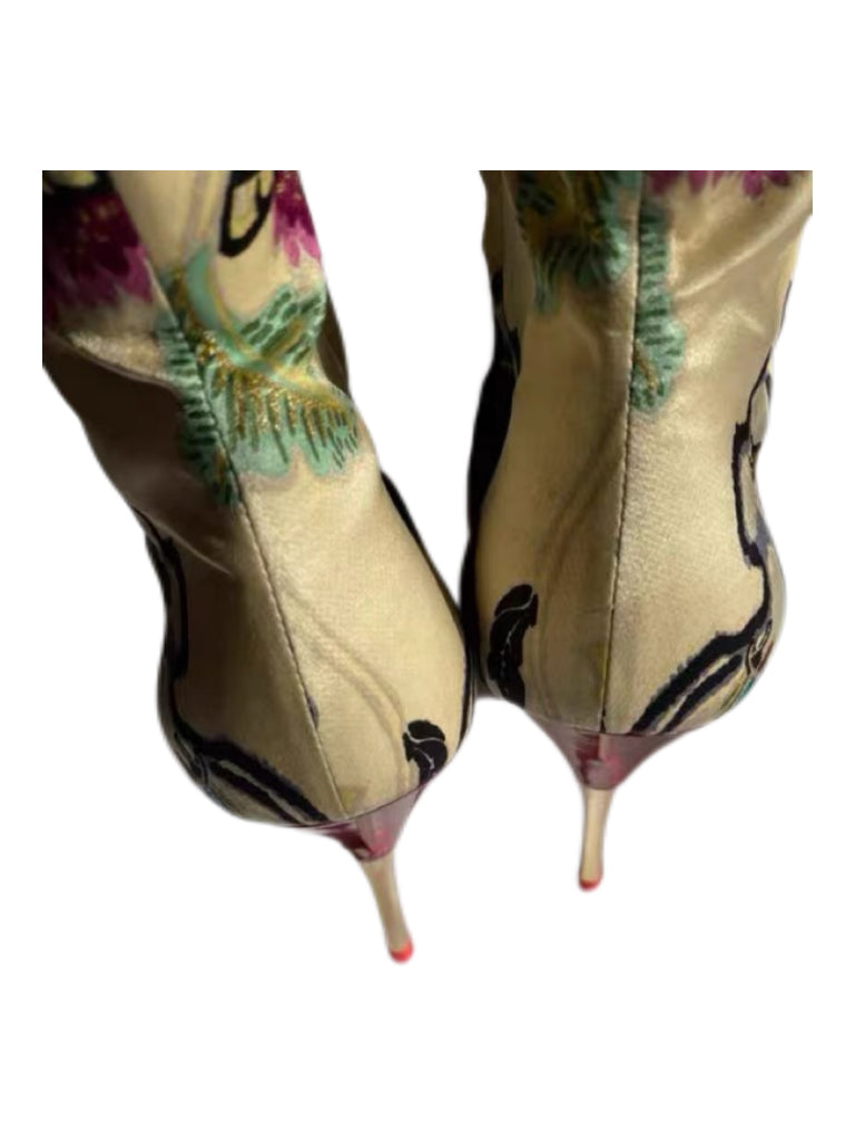 Roberto Cavalli SS2003 Silk Printed Knee-High Boots Oriental Floral Gold Satin Stiletto Heels Archive Museum Piece