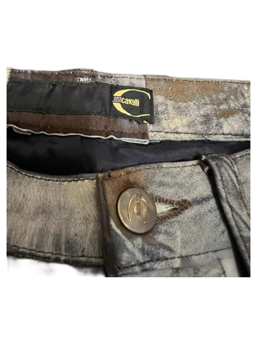 Just Cavalli Vintage Pony Hair Pants Brown Abstract Leather Trousers Rare Limited Edition Archive
