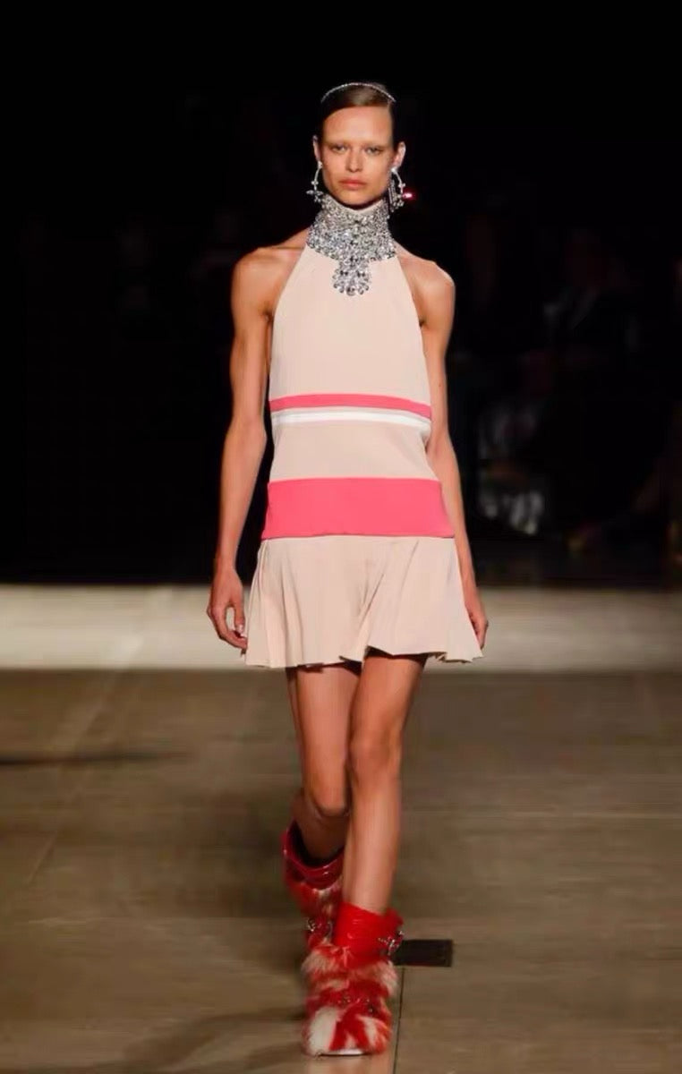 Miu Miu Runway Crystal Neck Halter Dress Pink Nude Mini Dress Rare Archive 38