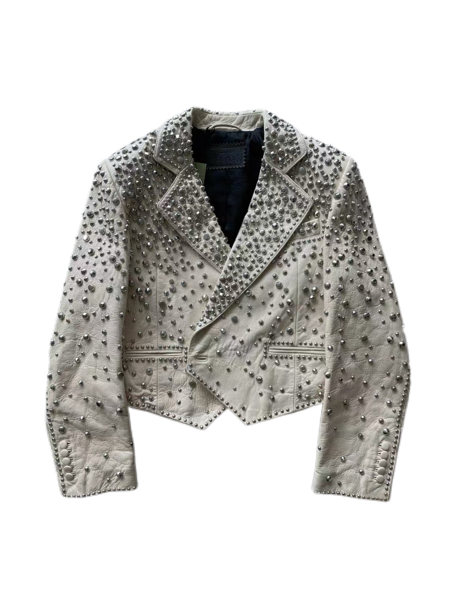Gucci 2022FW Runway Studded Leather Jacket White Crystal Stud Cropped Biker Jacket Rare Alessandro Michele Era