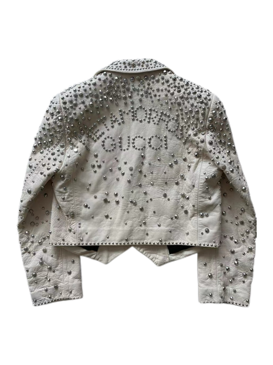 Gucci 2022FW Runway Studded Leather Jacket White Crystal Stud Cropped Biker Jacket Rare Alessandro Michele Era