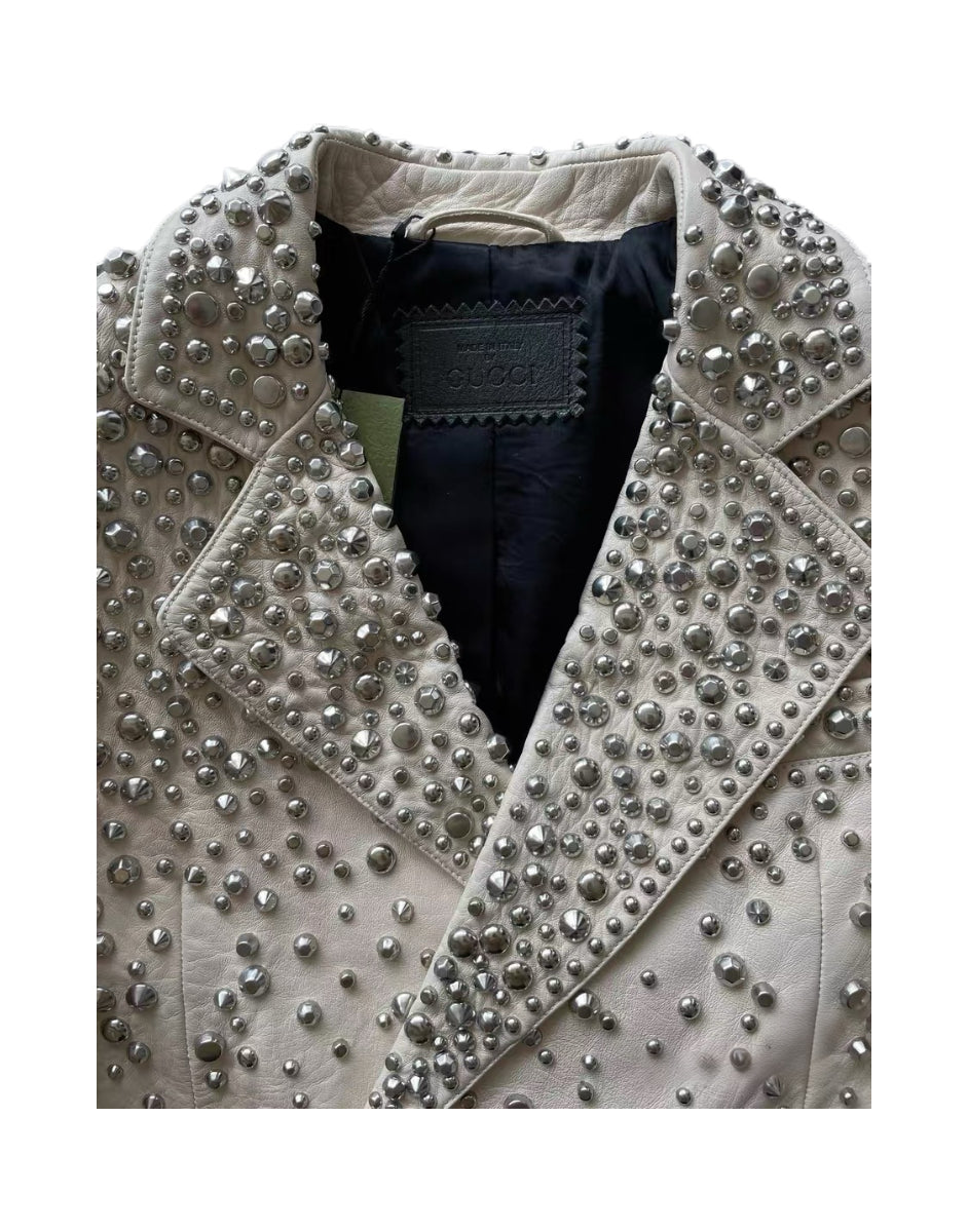 Gucci 2022FW Runway Studded Leather Jacket White Crystal Stud Cropped Biker Jacket Rare Alessandro Michele Era