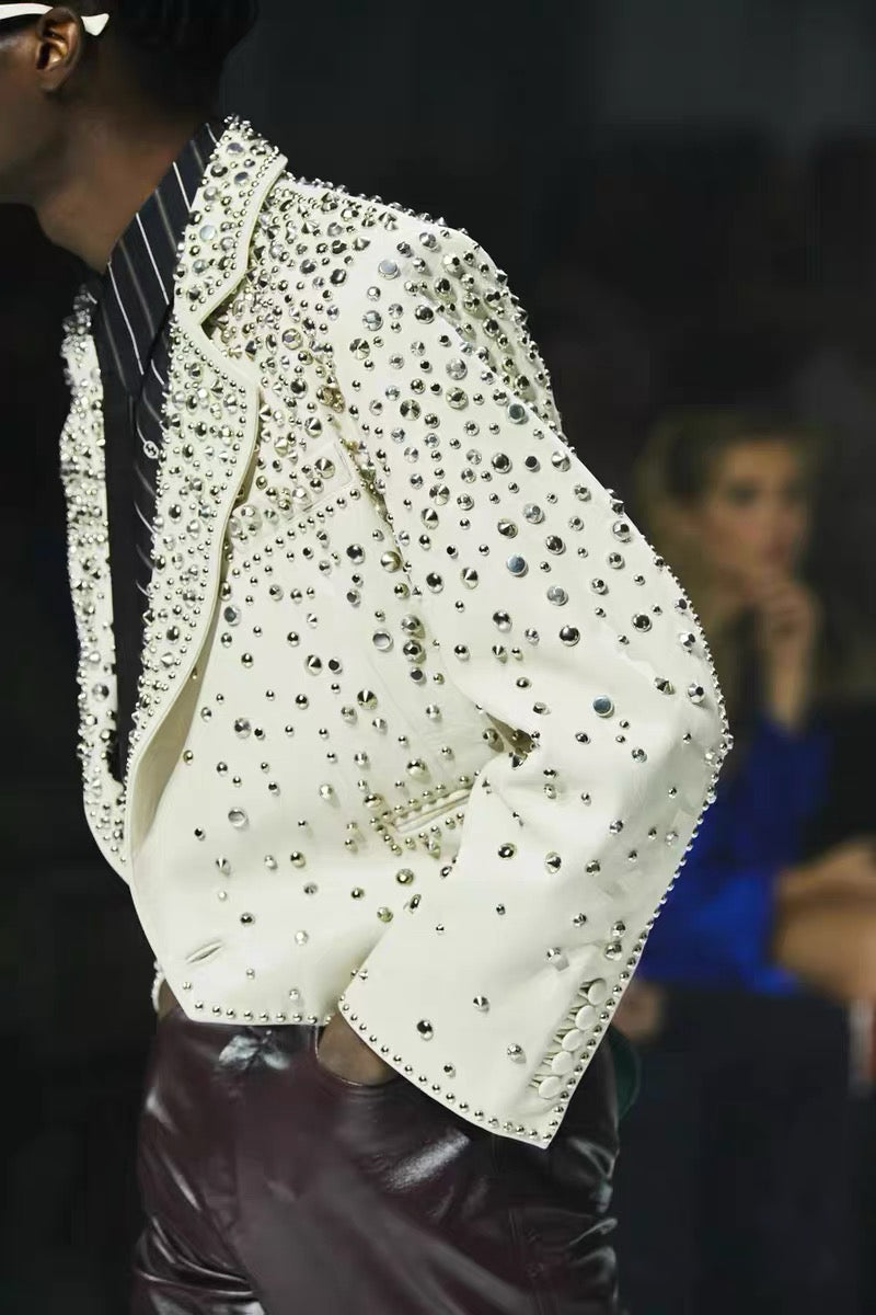 Gucci 2022FW Runway Studded Leather Jacket White Crystal Stud Cropped Biker Jacket Rare Alessandro Michele Era