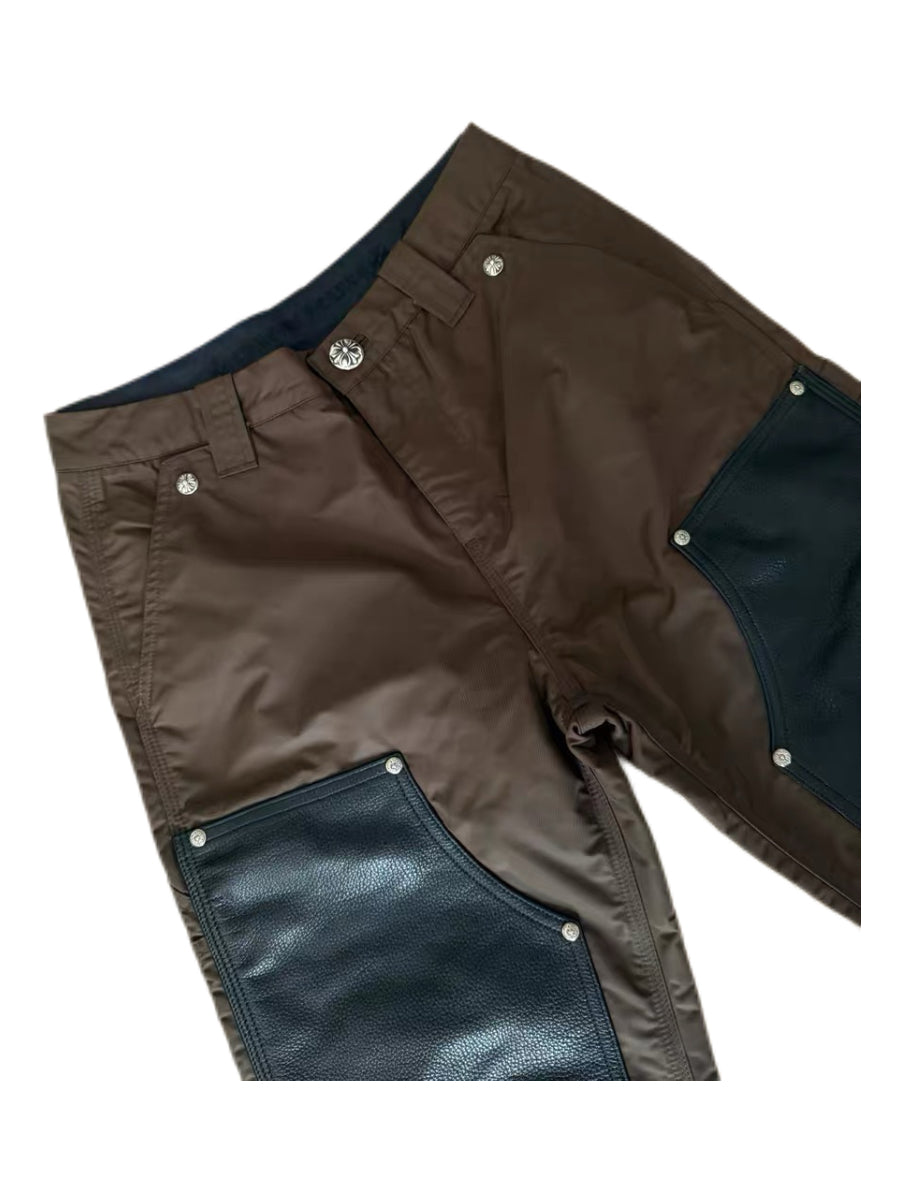 Chrome Hearts Women’s Brown Leather Panel Carpenter Pants – Rare Pink Cross Patch Archive Piece
