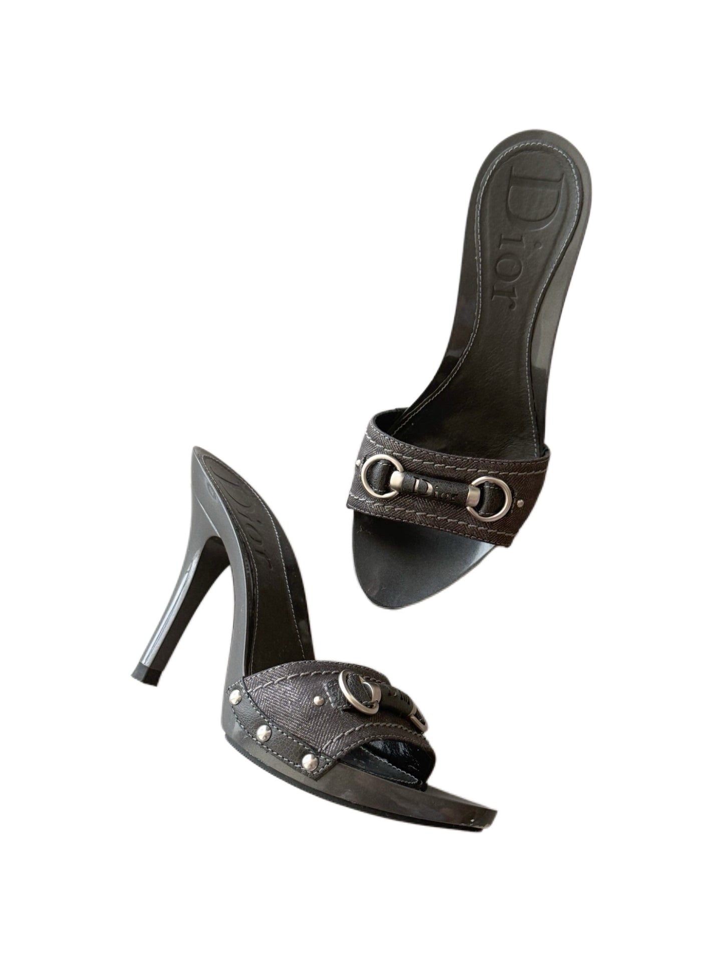 Christian Dior by John Galliano 2000s Logo Horsebit Mule Heels – Grey Patent Platform Sandals