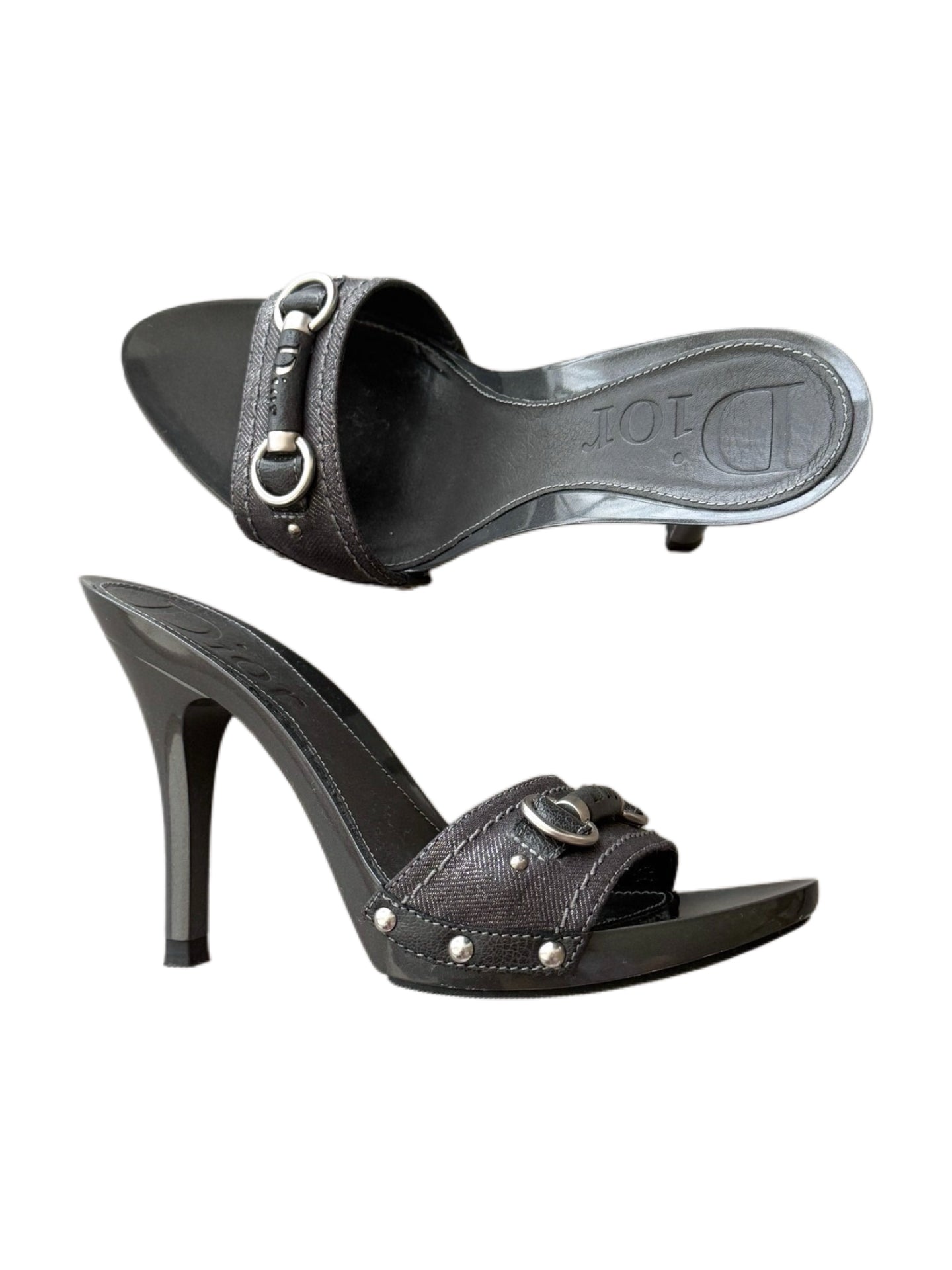 Christian Dior by John Galliano 2000s Logo Horsebit Mule Heels – Grey Patent Platform Sandals