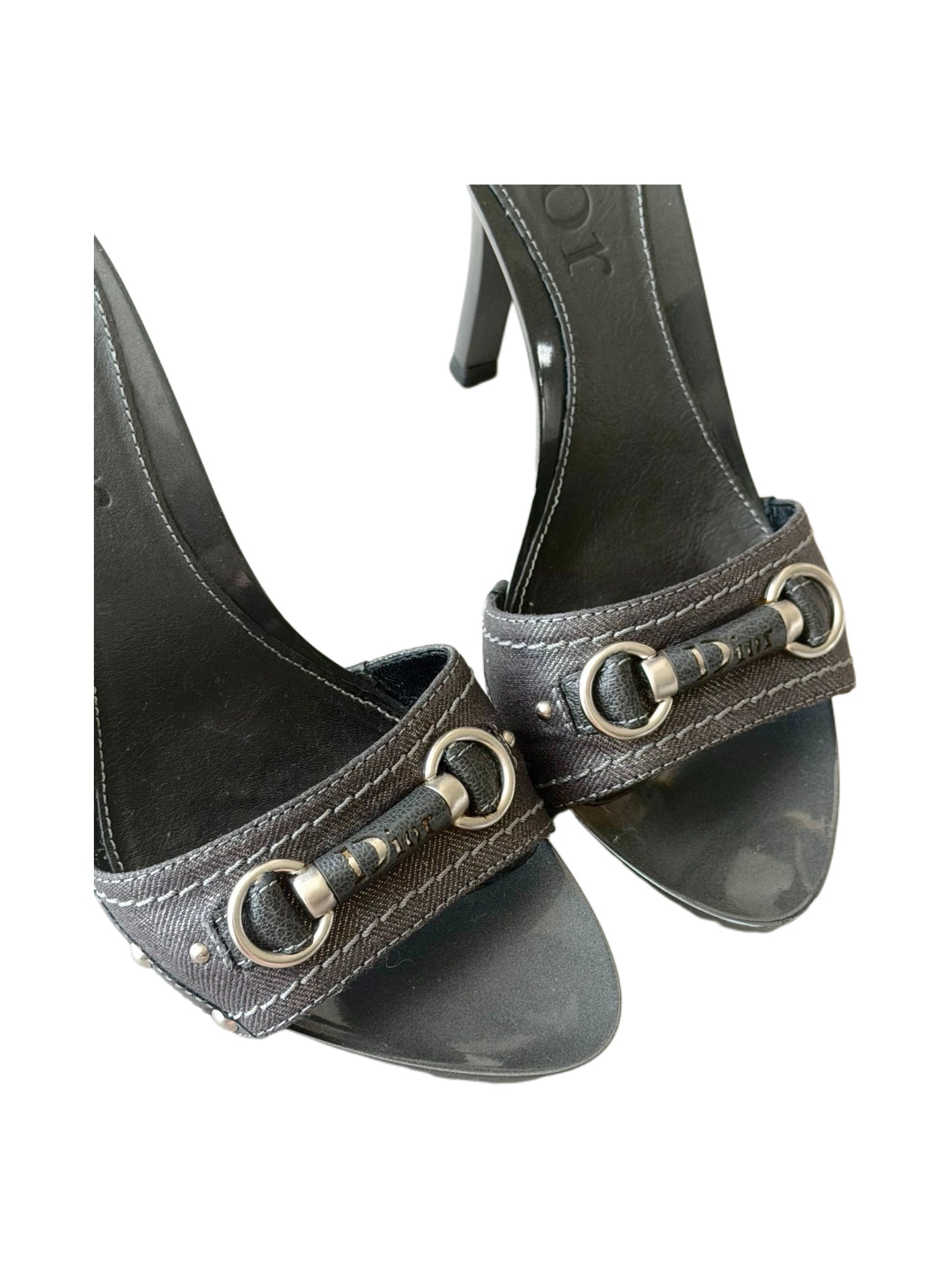 Christian Dior by John Galliano 2000s Logo Horsebit Mule Heels – Grey Patent Platform Sandals